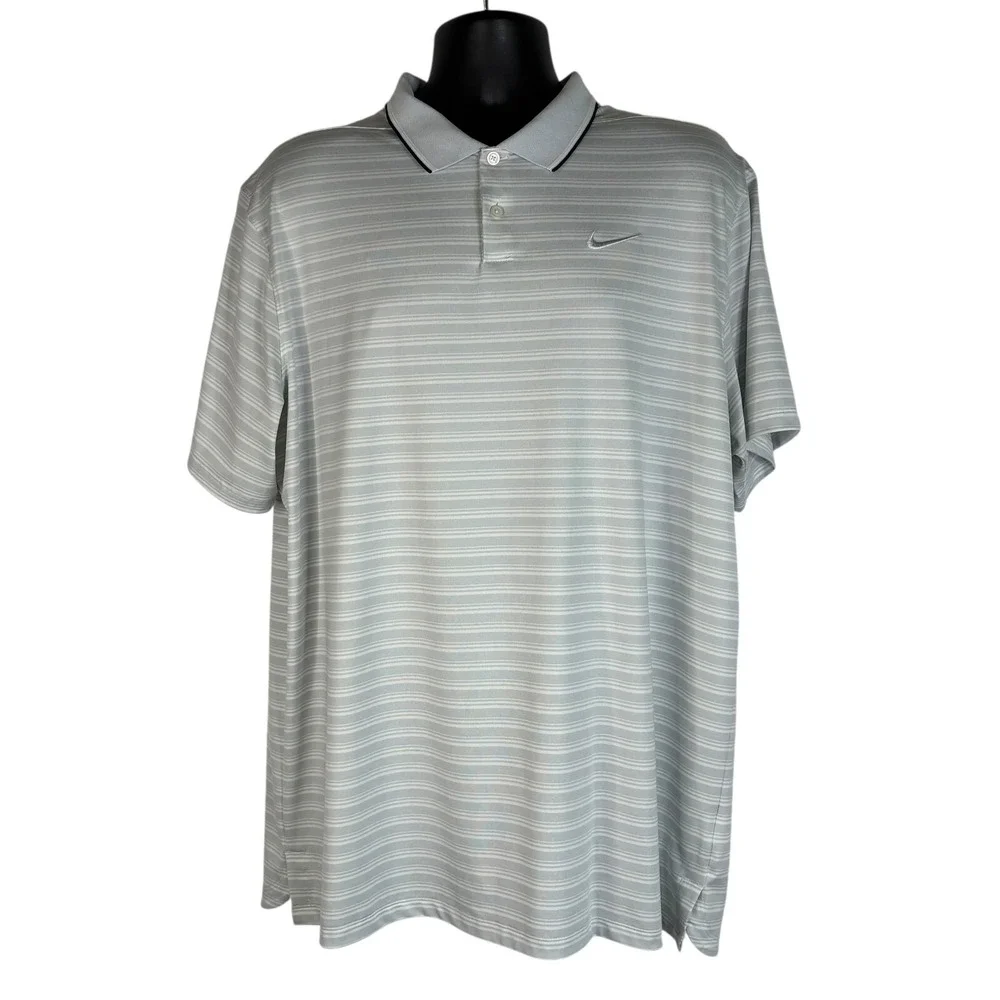 Nike Dri Fit Mens Polo Shirt Light Gray XL Stripe Embroidered Swoosh Performance